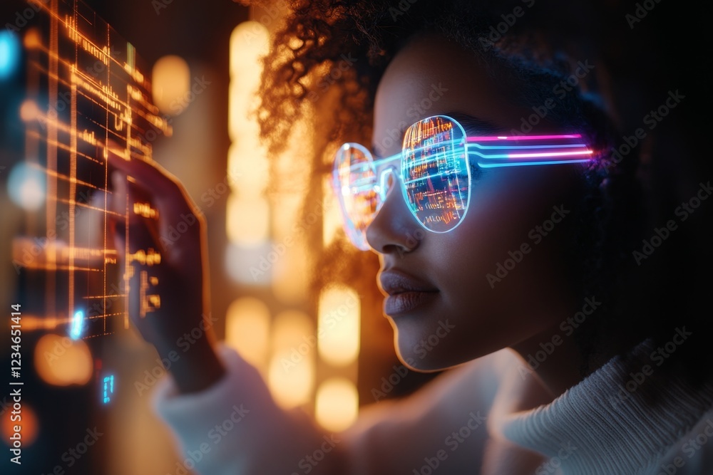 Poster a futuristic data analyst using holographic charts to demonstrate significant advancements in techno