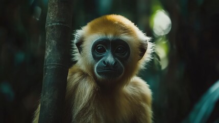 Obraz premium A close-up portrait of a Yellow Cheeked Gibbon monkey, its distinctive yellow cheeks contrasting beautifully with the lush greenery of the forest around it.