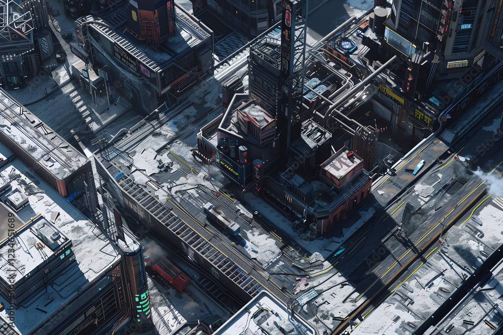 Poster capture the eerie beauty of a desolate cityscape in a scifi dystopian world using high-angle view, s