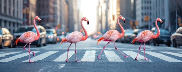 Four pink flamingos cross a city street, creating a whimsical contrast against the urban backdrop of tall buildings and parked cars.