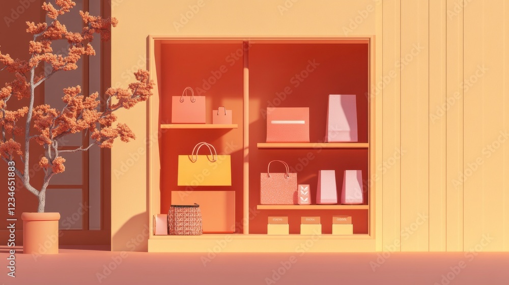 Poster a minimalistic display featuring neatly arranged colorful packages and a potted tree, set against a 