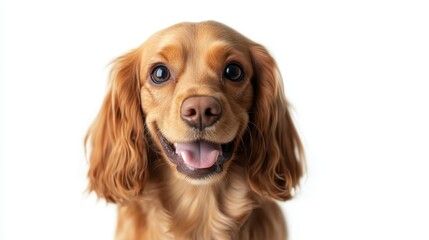 Happy golden cocker spaniel dog portrait against a white background. The dog is looking directly at the camera with a cheerful expression, tongue