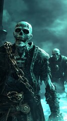 Naklejka premium Dark teal and gray skeletal figures emerge from a misty background, creating a haunting atmosphere. The detailed textures and ominous lighting