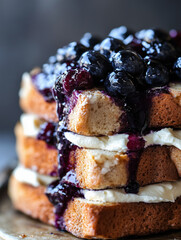 A close-up shot of a towering stack of thick slices of toasted banana bread, each layered generously with mascarpone cheese and blueberry compote, drizzled with vanilla cream