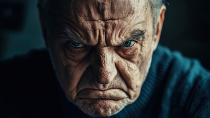 Obraz premium The elderly man’s stern, horror-like expression, with deep wrinkles and narrowed eyes, captures a powerful moment of frustration and menace in this dramatic close-up.