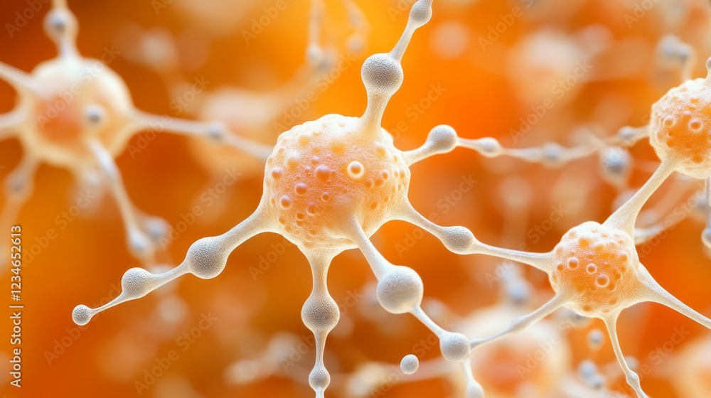 Poster microscopic view of interconnected cells with orange and white tones, detailed rendering showing cel