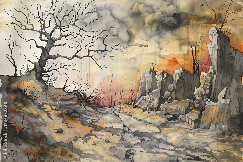 Poster capture the essence of a surreal post-apocalyptic landscape with abstract elements use dramatic ligh