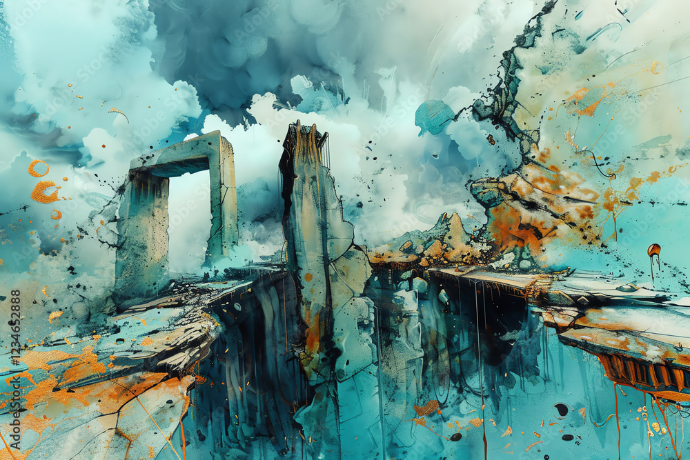 Poster capture the essence of a surreal post-apocalyptic landscape with abstract elements use dramatic ligh