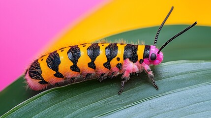 Vibrant Pink and Yellow Caterpillar on a Leaf