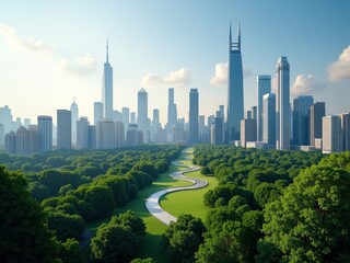 Naklejka premium A cityscape with a park and skyscrapers