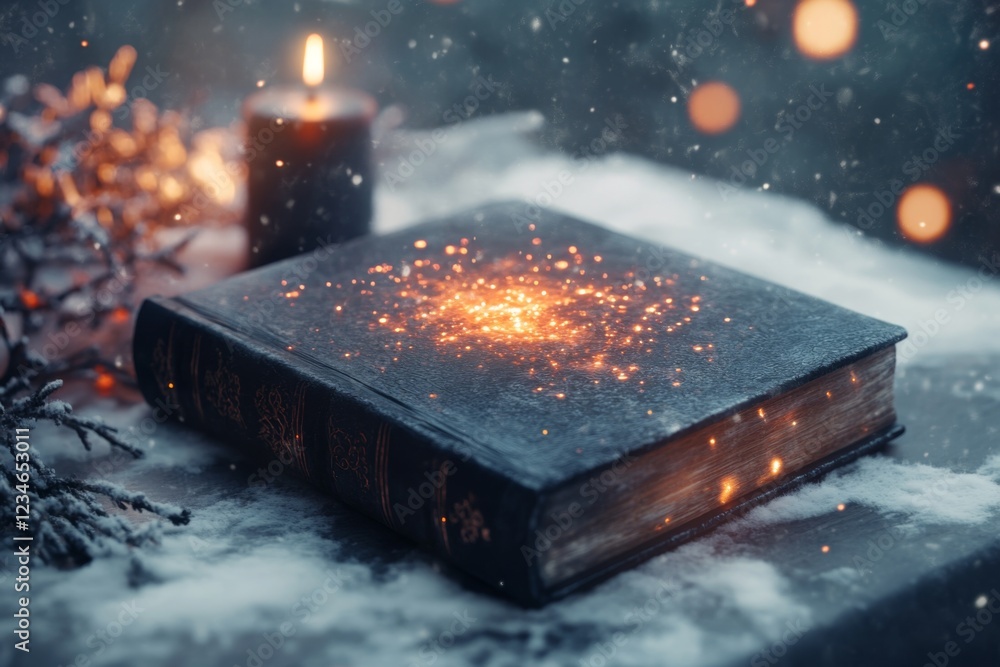 Poster a gothic depiction of an ancient book with glowing pages, revealing the significant events of a dark
