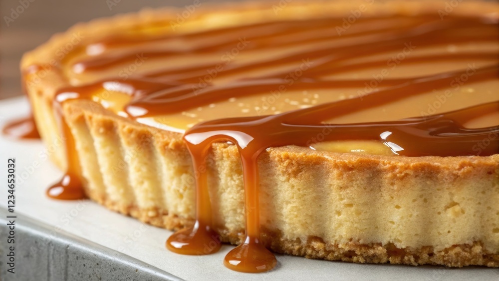 Poster creamy cheesecake tart with a golden crust and a generous layer of caramel sauce dripping down the s