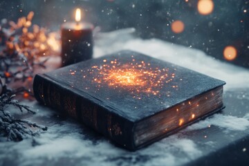 A gothic depiction of an ancient book with glowing pages, revealing the significant events of a dark era in history, surrounded by shadowy figures and candlelight