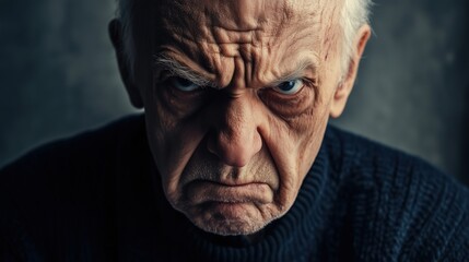 Obraz premium The elderly man’s stern, horror-like expression, with deep wrinkles and narrowed eyes, captures a powerful moment of frustration and menace in this dramatic close-up.