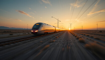 High-speed train speeding across desert at sunset.