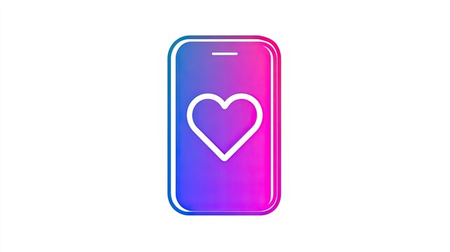 Gradient phone screen displaying a white heart icon, symbolizing online love, affection, or social media likes.