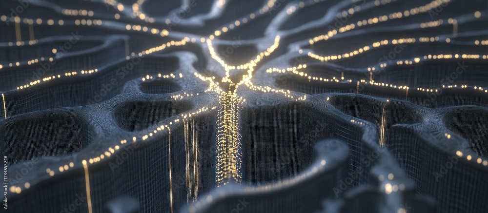 Poster abstract neural network visualization: glowing pathways of data