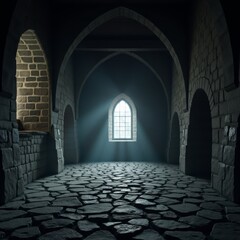 A mysterious, ancient stone room with a large window