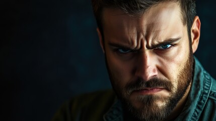 Fototapeta premium A close-up portrait of an angry man, his furrowed brows and intense glare standing out against a clean, isolated background, emphasizing raw emotion.