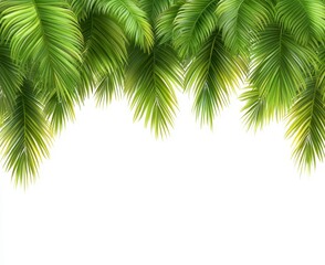 Fototapeta premium Lush green palm fronds create a vibrant border against a bright white background, suggesting a tropical and summery aesthetic. The detailed leaves