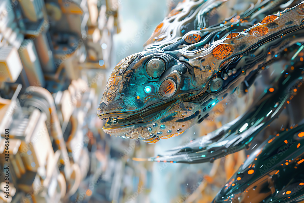 Aufkleber capture the essence of surrealism with a digital rendering of a cybernetic creature observing a floa