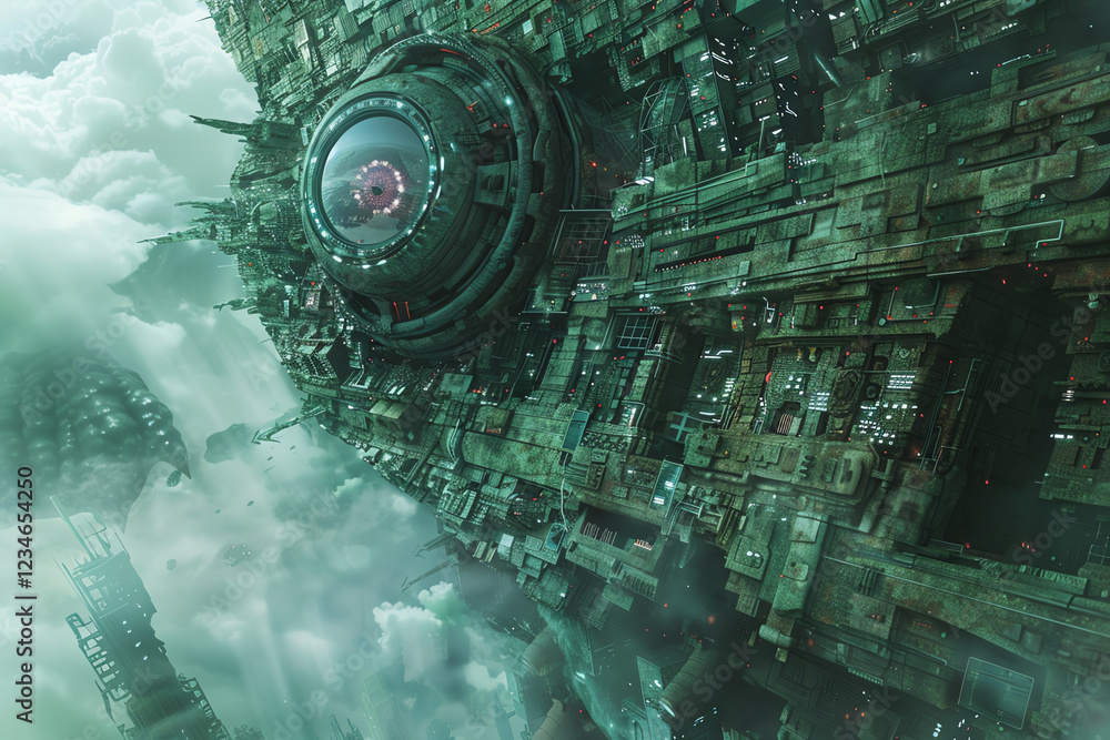 Aufkleber capture the essence of surrealism with a digital rendering of a cybernetic creature observing a floa