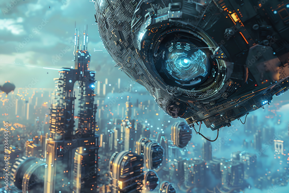 Aufkleber capture the essence of surrealism with a digital rendering of a cybernetic creature observing a floa