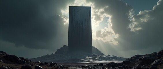 A mysterious monolith stands tall in the desert, its metallic surface reflecting the harsh sun