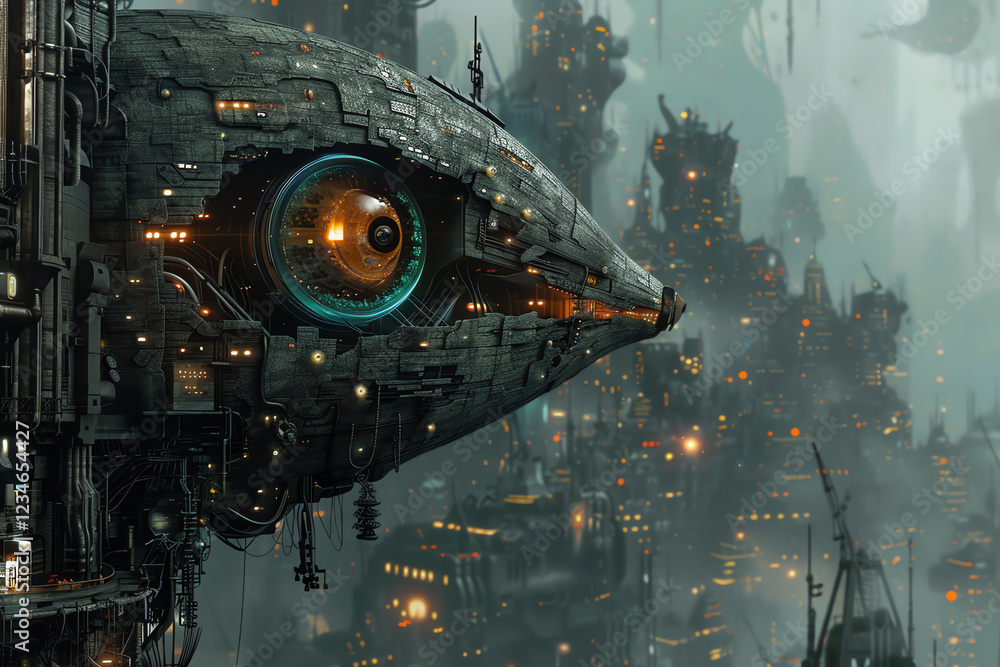 Aufkleber capture the essence of surrealism with a digital rendering of a cybernetic creature observing a floa