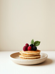 A minimalistic food composition featuring a stack of golden-brown pancakes placed on a rustic ceramic plate topped with vibrant fresh raspberries and blackberries, and a sprig of green leaves
