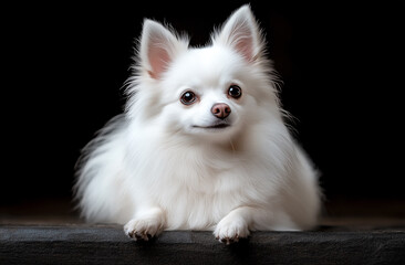 Fototapeta premium White fluffy dog rests calmly on a dark surface, showcasing its playful personality and gentle expression