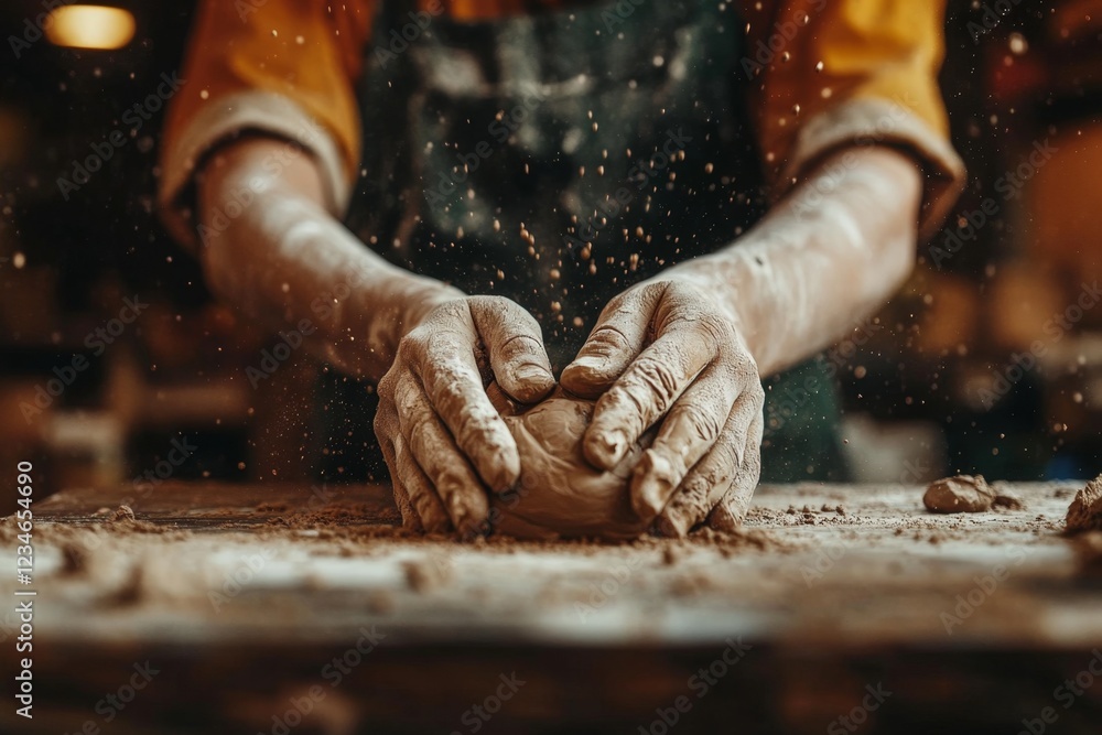 Poster A hyper-realistic close-up of a sculptor hands shaping clay into a detailed figurine, with intricate textures and the soft light of a workshop