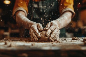 A hyper-realistic close-up of a sculptor hands shaping clay into a detailed figurine, with intricate textures and the soft light of a workshop