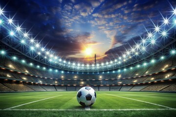 Soccer ball resting on grass in large stadium with lights and spotlights