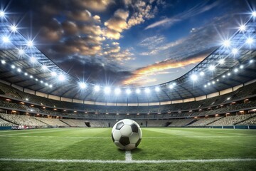 Soccer ball resting on grass in large stadium with lights and spotlights