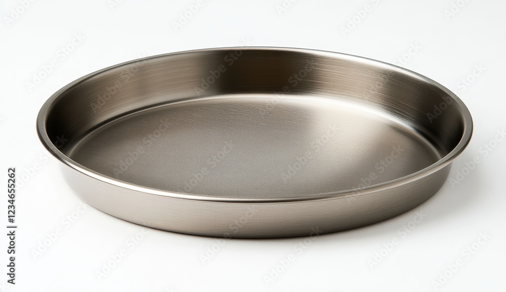 Poster close up view of a metallic, round baking tray with a textured surface, isolated on a white backgrou