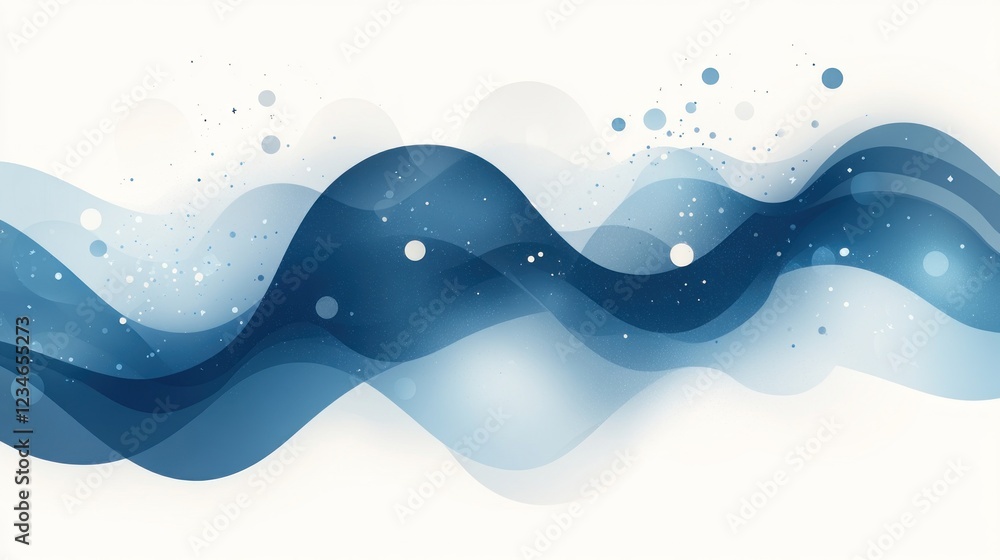 Poster abstract blue wave pattern on white background with glowing particles.