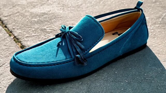Tilt-up side light creating long shadows, the camera slowly reveals a vibrant blue suede loafer with a tassel detail against a textured concrete surface
