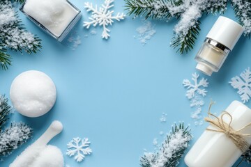 Winter Skincare Concept with Snowflakes and Pine
