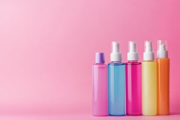 Colorful Spray Bottles on Pink Background