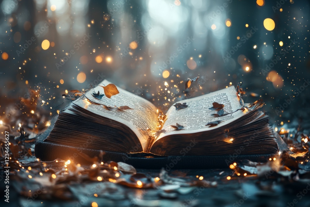 Poster A magical scroll glowing with golden light, listing the significant accomplishments of a legendary hero in an enchanted setting with floating candles