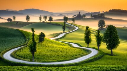 Misty Valley Landscape with Winding River at Sunrise in High Quality