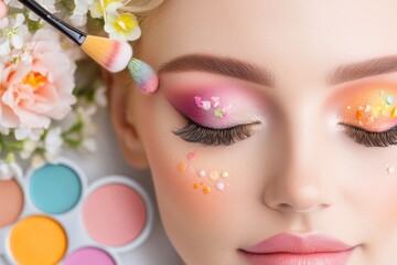 A makeup artist creating an elaborate look for a model, with vibrant palettes and brushes on the workstation