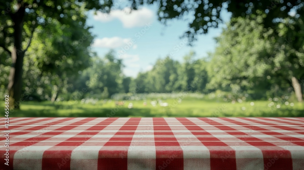 Poster an empty space with a red checkered picnic cloth on a wooden table, the nature in the background is 