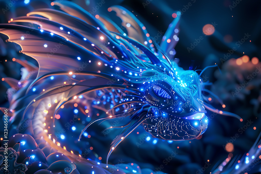 Poster capture the majestic glow of bioluminescent mythical creatures integrated into sleek, futuristic tec