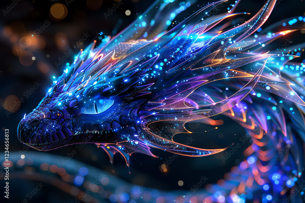 Poster capture the majestic glow of bioluminescent mythical creatures integrated into sleek, futuristic tec