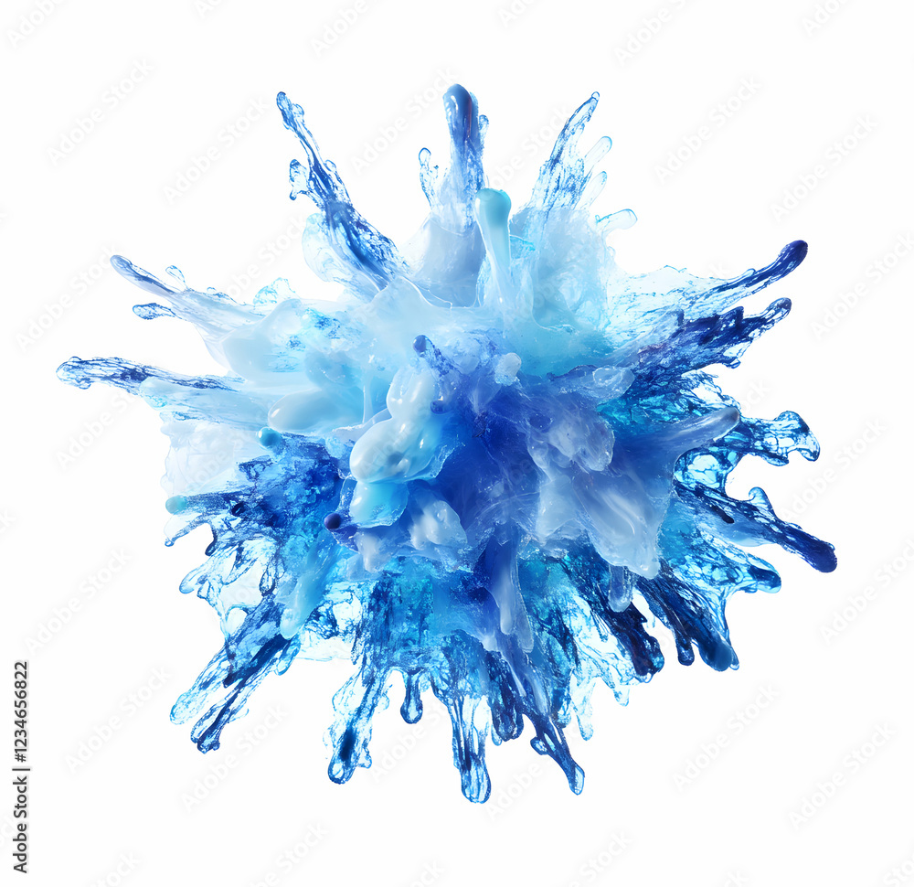 Poster abstract blue ink explosion: a vibrant burst of color against a pristine white background, showcasin