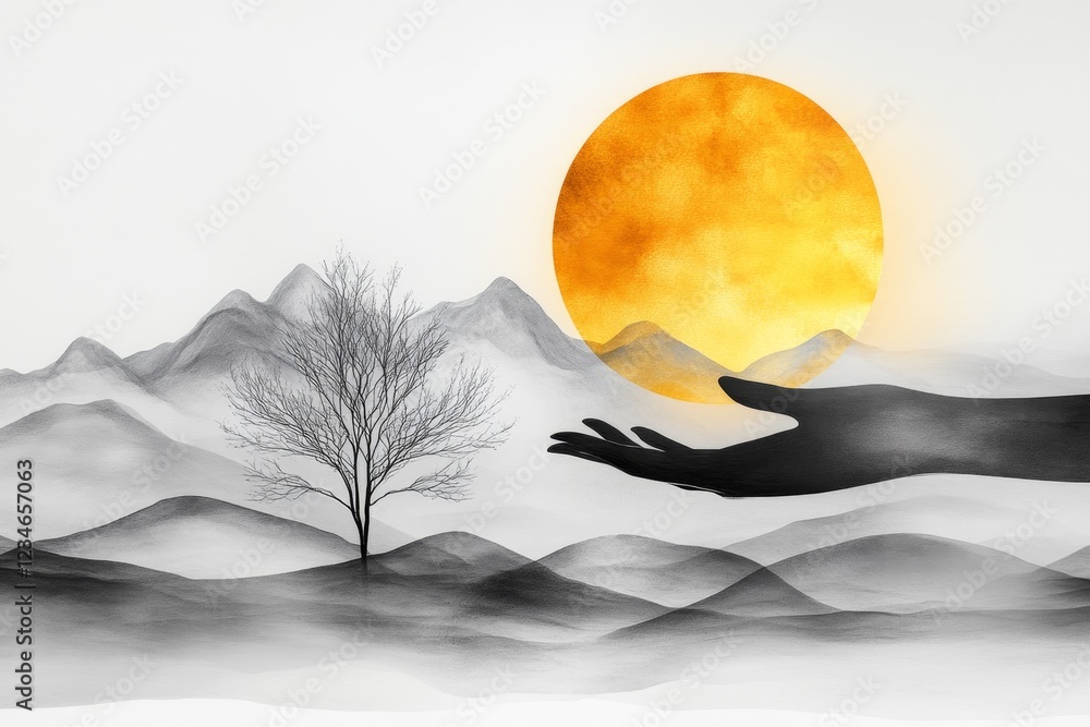 Poster a minimalist line-art illustration of a person extending their hand tentatively toward a glowing obj