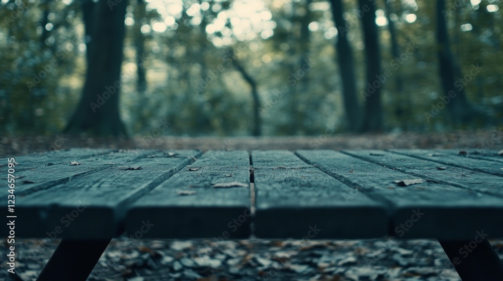 Poster a wooden table platform set against a blurred spring/summer backdrop with bokeh