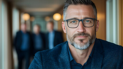 Fototapeta premium Confident businessman hallway portrait, colleagues blurred background, corporate success